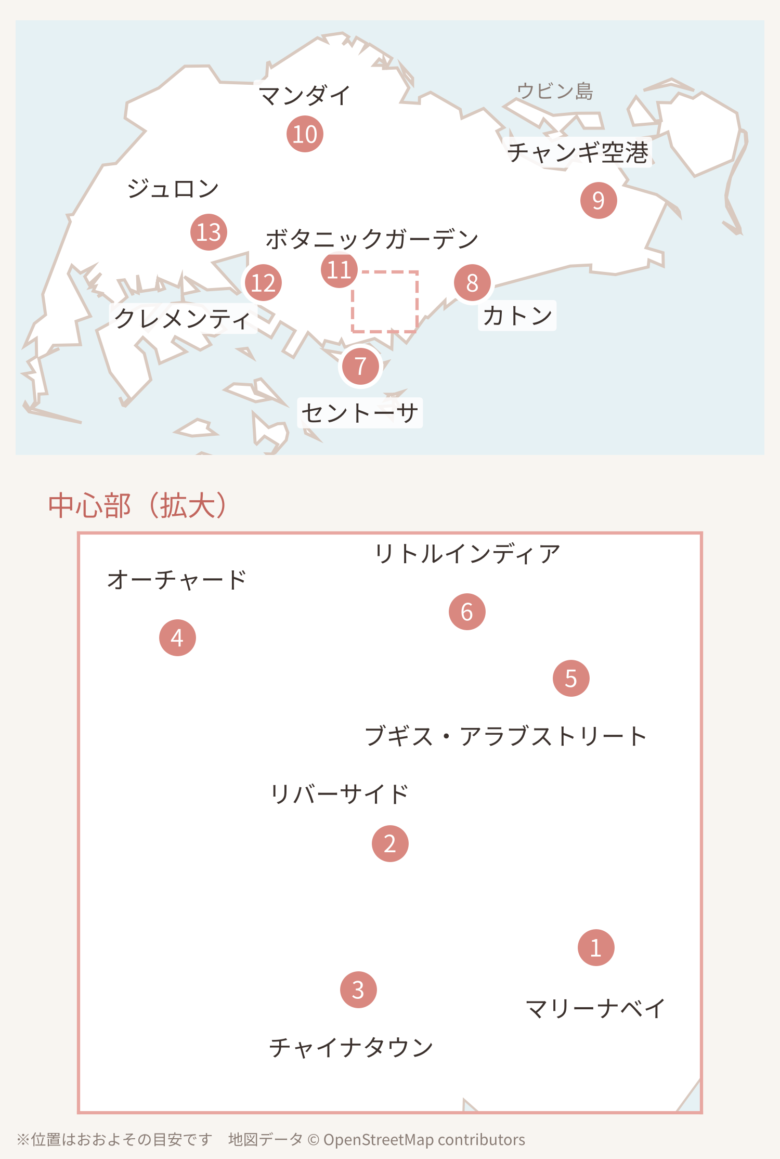 シンガポール観光エリアの地図。13エリアの位置と中心部の拡大図